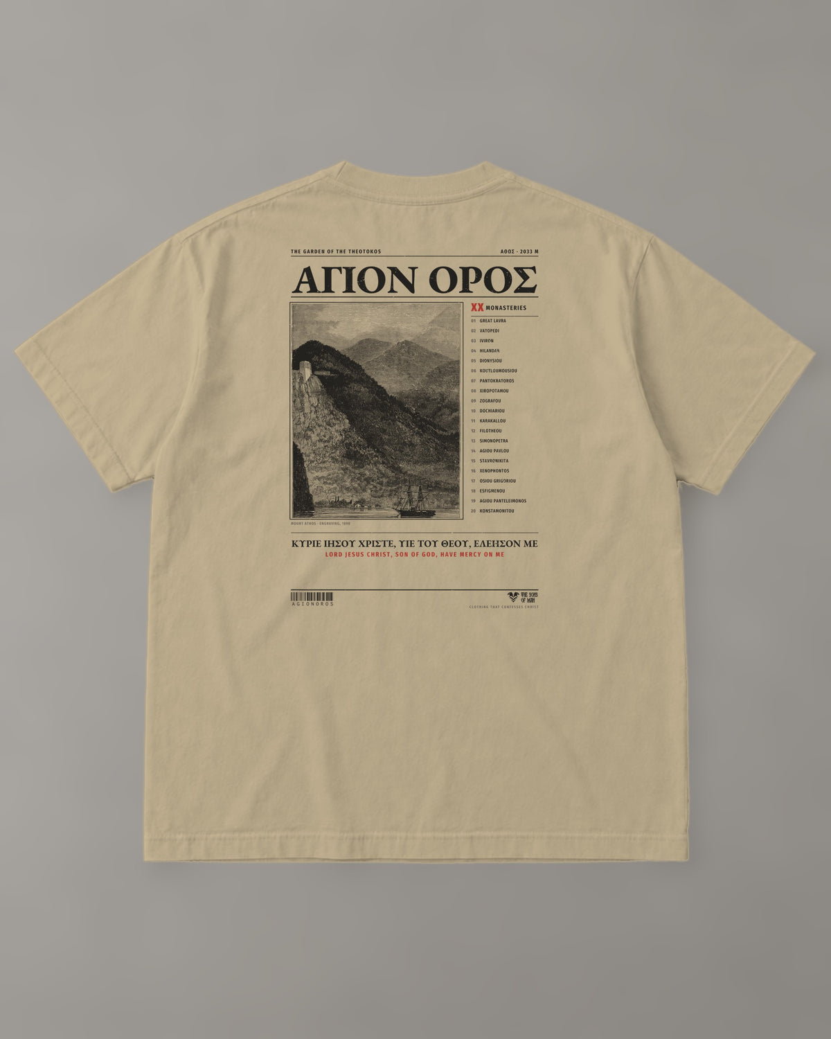 Agion Oros "Holy Mountain" Tee in Faded Khaki (back) – Orthodox Christian t-shirt by The Sons of Man