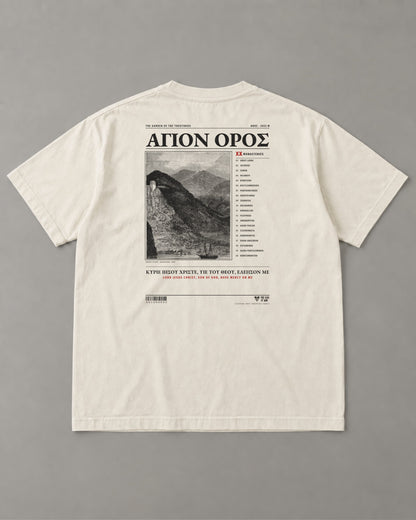 Agion Oros "Holy Mountain" Tee in Faded Bone (back) – Orthodox Christian t-shirt by The Sons of Man