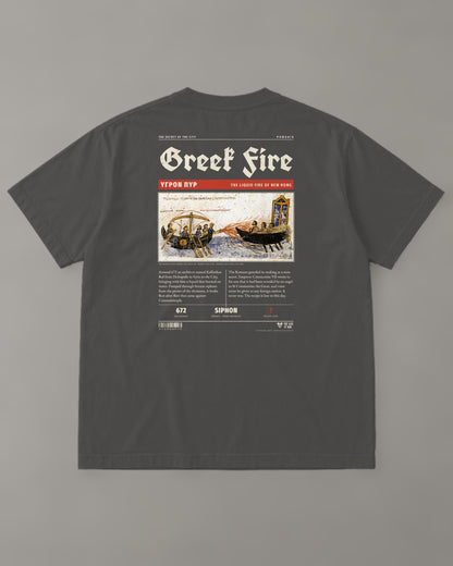 Greek Fire "Hygron Pyr" Tee in Faded Black (back) – Orthodox Christian t-shirt by The Sons of Man