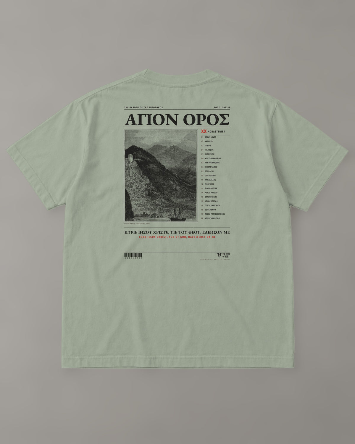 Agion Oros "Holy Mountain" Tee in Faded Eucalyptus (back) – Orthodox Christian t-shirt by The Sons of Man