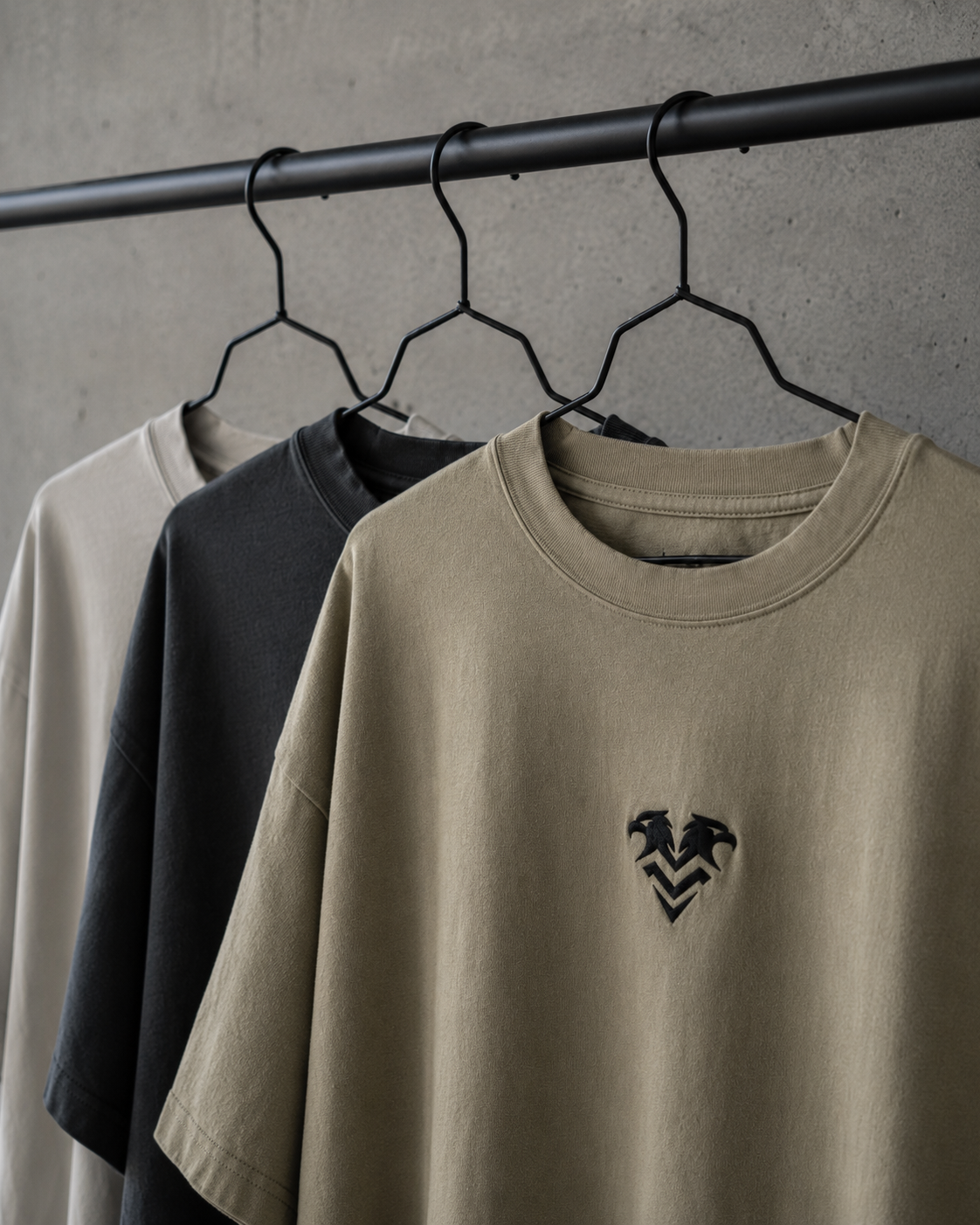 An oversized short-sleeve crewneck t-shirt in beige with a black embroidered chevron dragon logo on the chest, hanging on a black wire hanger from a clothing rack against a textured gray concrete wall.