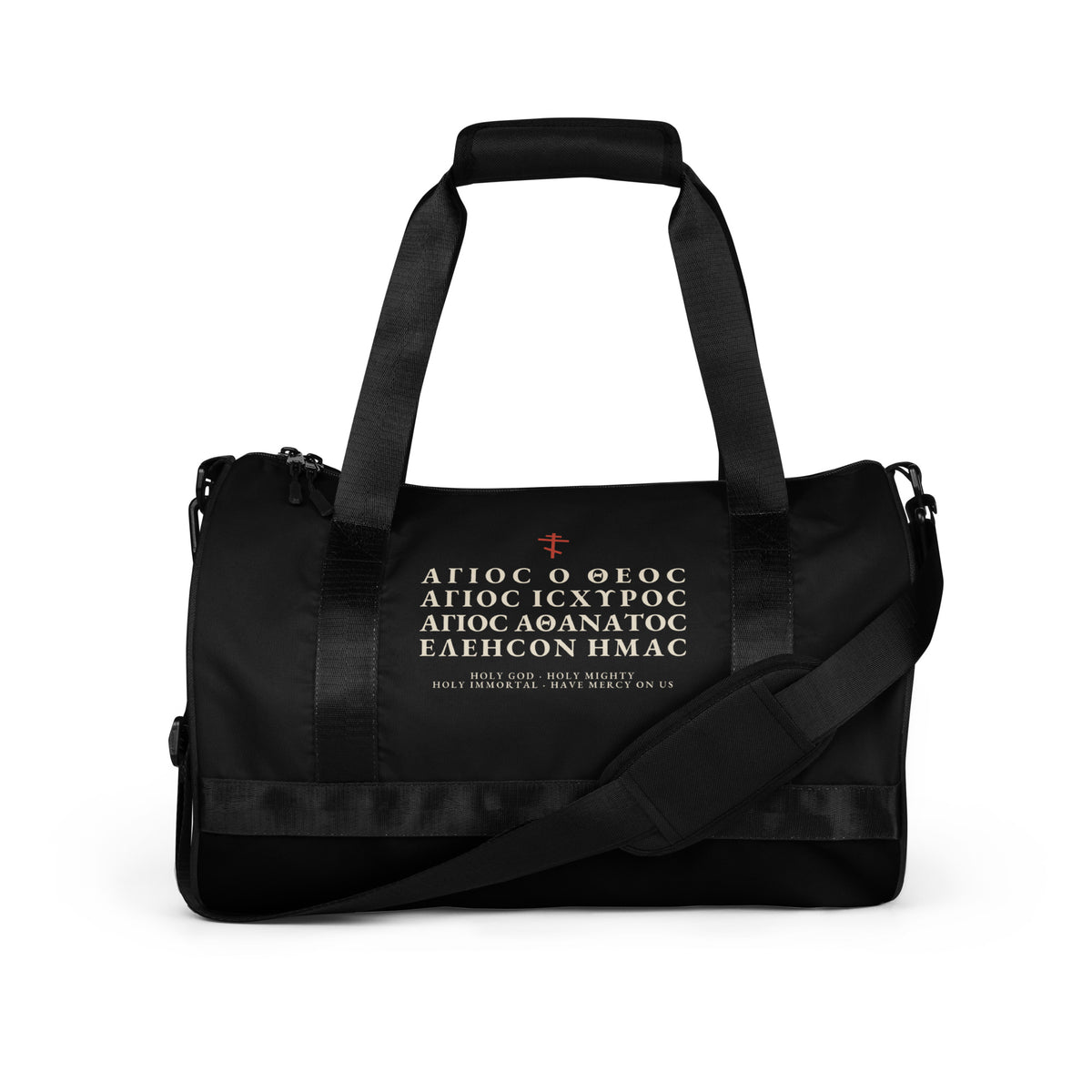 Trisagion Gym Bag in black (front) – Orthodox Christian gym bag by The Sons of Man