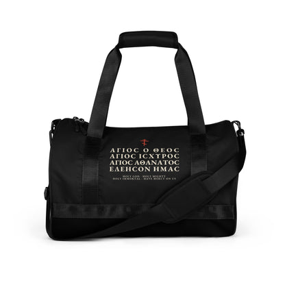 Trisagion Gym Bag in black (front) – Orthodox Christian gym bag by The Sons of Man