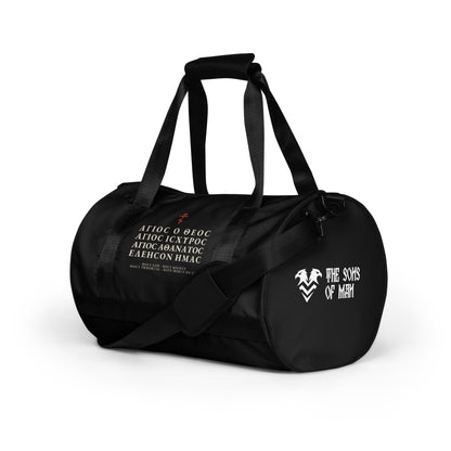 Trisagion Gym Bag in black (left front) – Orthodox Christian gym bag by The Sons of Man
