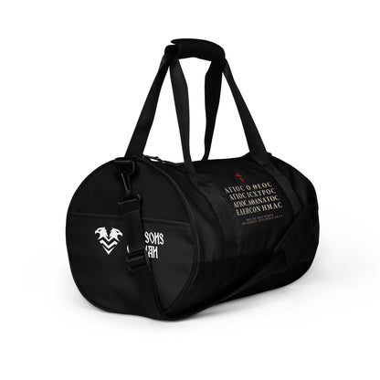 Trisagion Gym Bag in black (right front) – Orthodox Christian gym bag by The Sons of Man