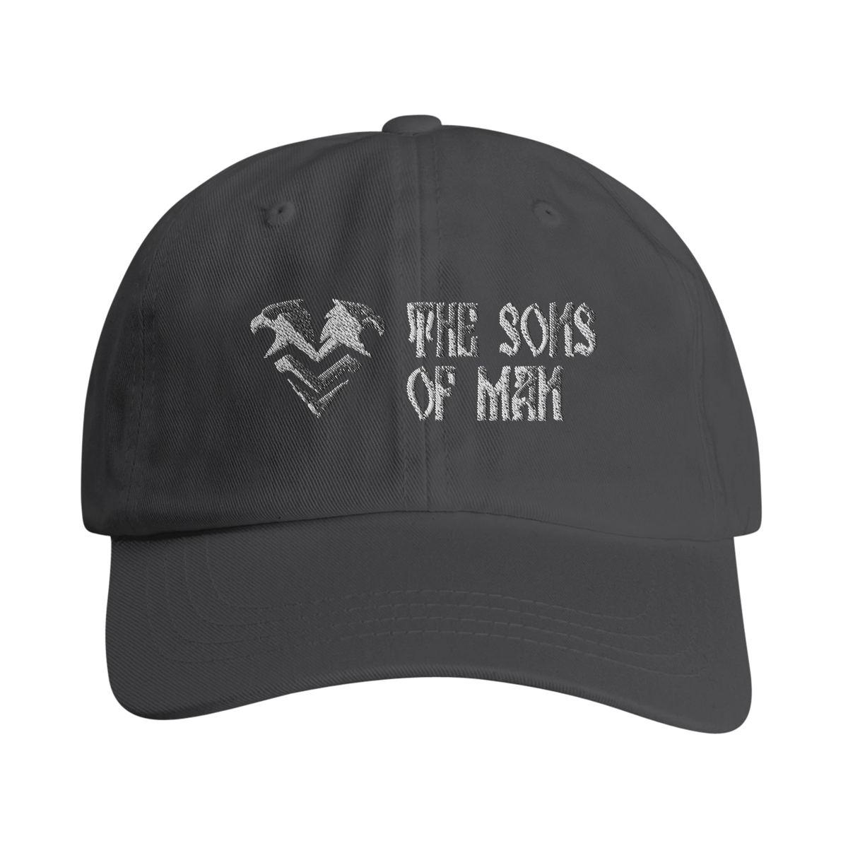 Twin Eagle Crest Dad Hat in dark grey – tonal double-headed eagle over The Sons of Man chevron, embroidered
