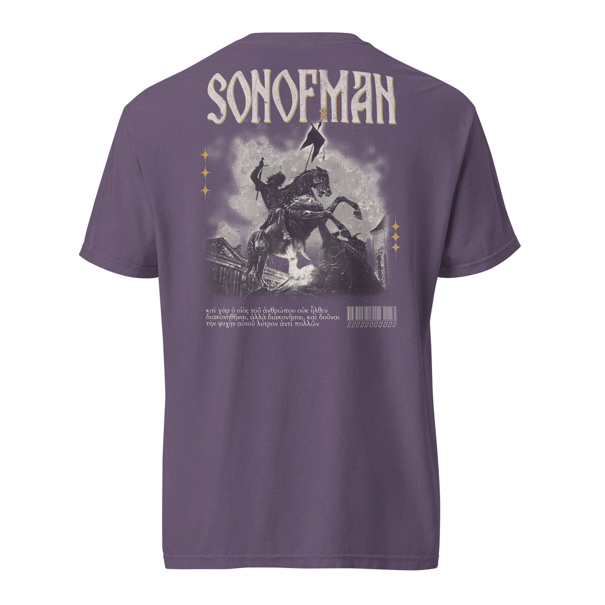 Son of Man Rider Tee in Faded Grape (back) – Orthodox Christian t-shirt by The Sons of Man